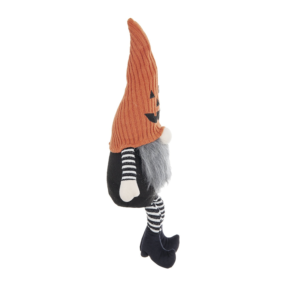 Plush halloween gnome with orange pumpkin hat and grey beard striped socks