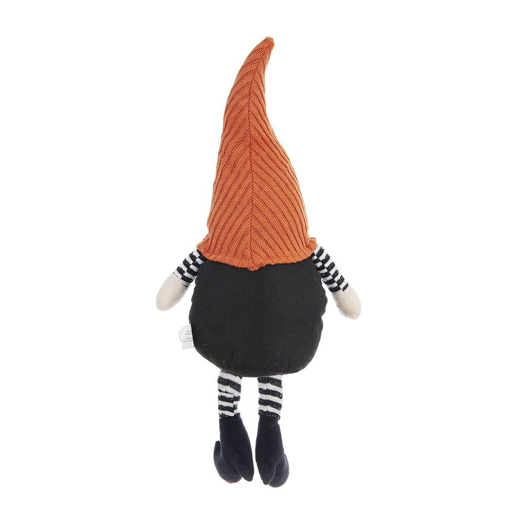 Textile gnome with orange knitted hat black body and striped armslegs for holiday decor