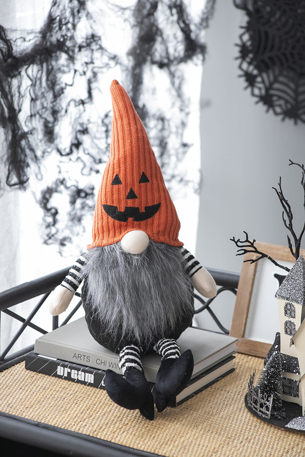 Halloween gnome with orange pumpkin hat and gray beard festive decor