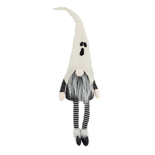 White ghost gnome plush toy with black button eyes and striped socks Halloween decor