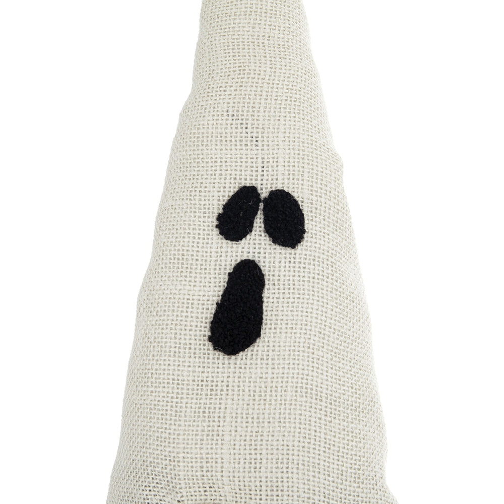 Burlap ghost decoration with black felt eyes and mouth for Halloween