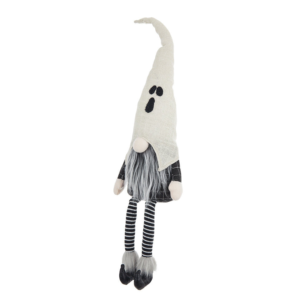 Spooky Halloween gnome with ghost costume grey beard and striped legs