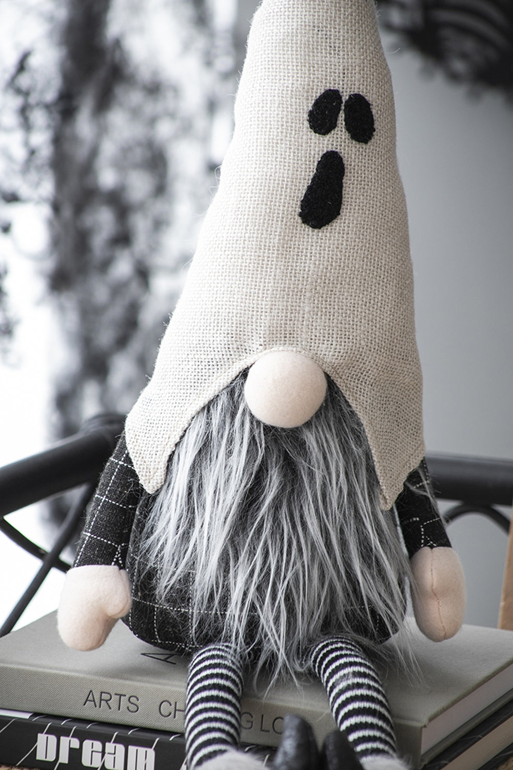 Cream burlap ghost gnome with black accents and striped socks perfect for Halloween decor