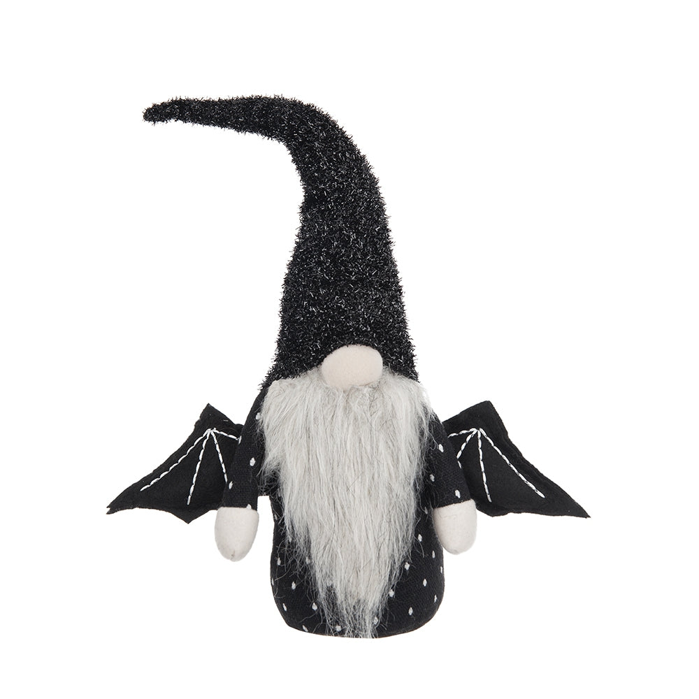 Black glittery witch gnome with bat wings and white beard Halloween decor
