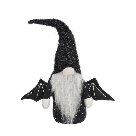 Black glittery witch gnome with bat wings and white beard Halloween decor