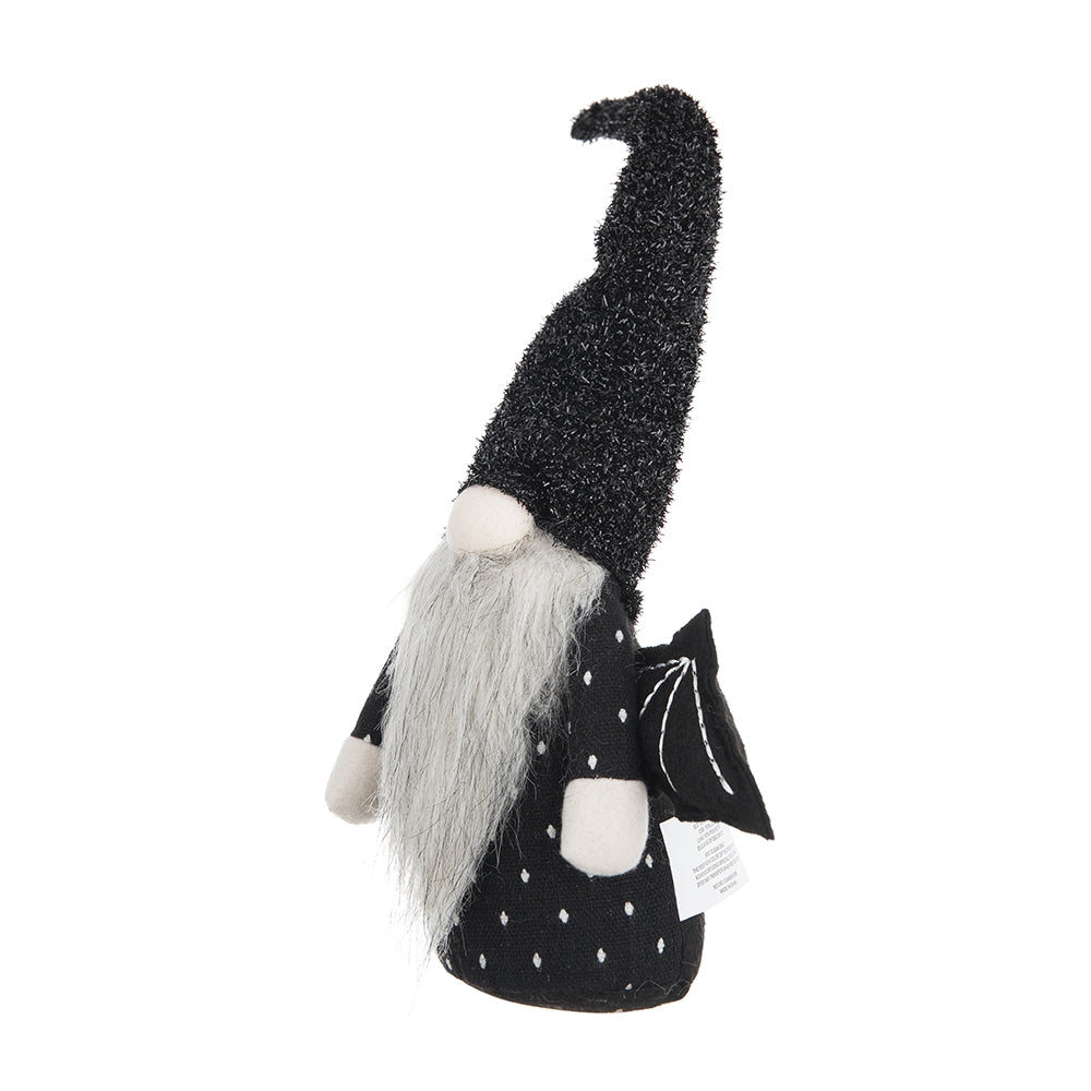 Black glitter hat gnome with grey beard and white polka dot tunic
