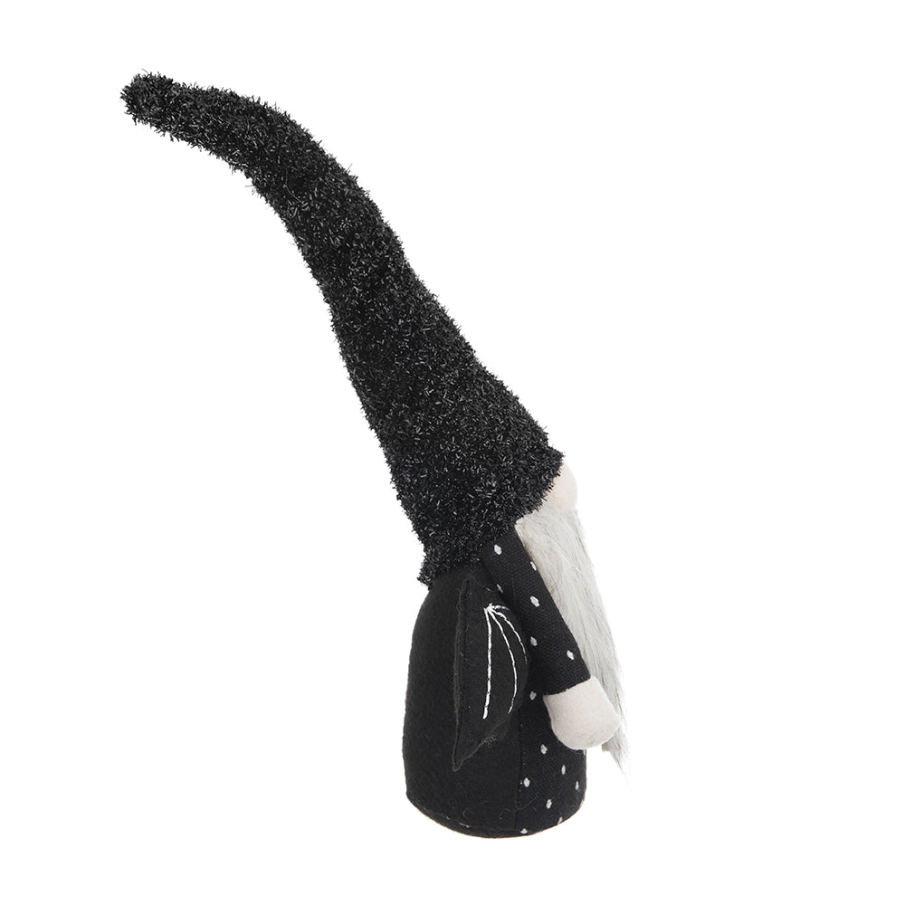 Black fabric gnome with white polka dots and long grey beard