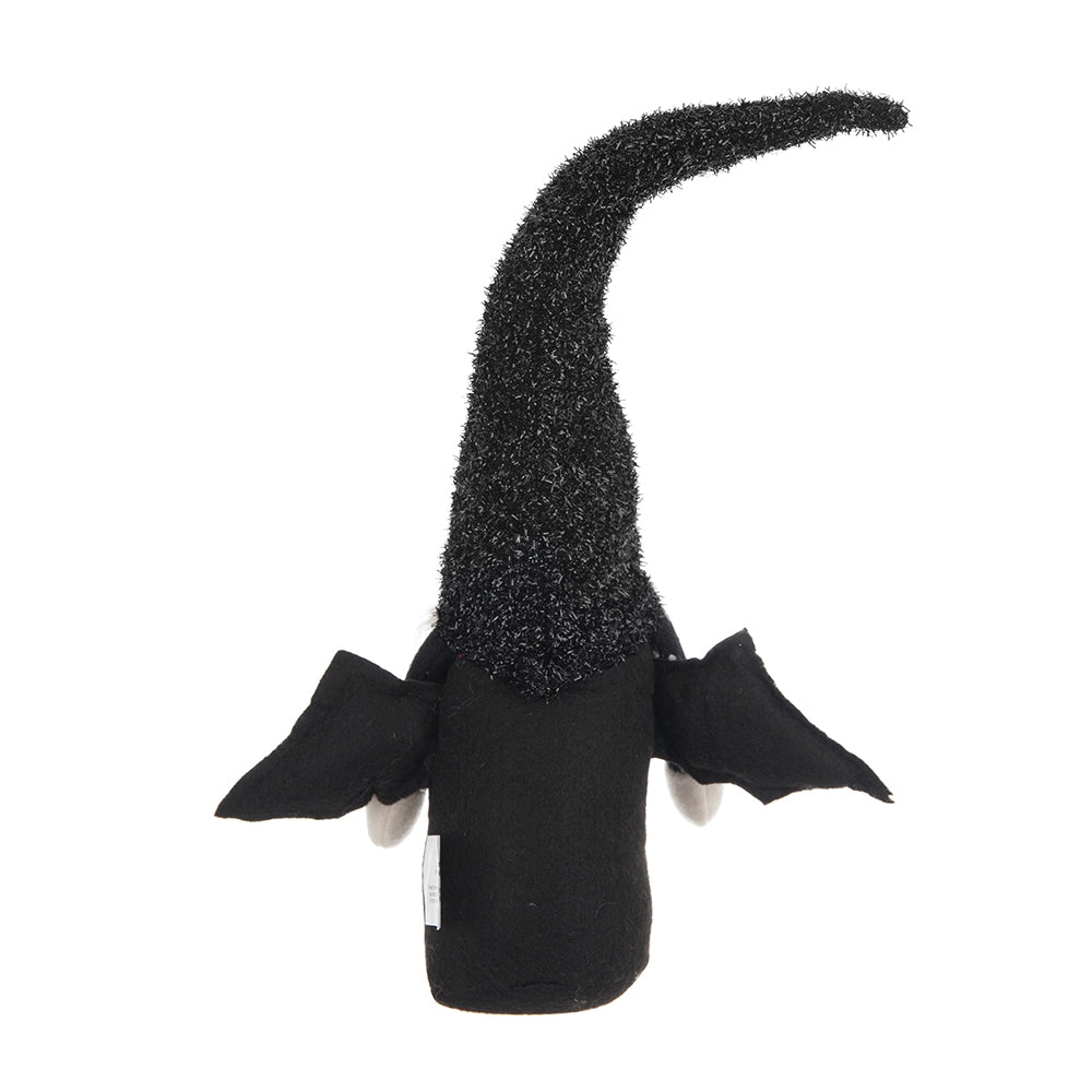Black bat gnome with a glittery hat and fabric wings for Halloween decor