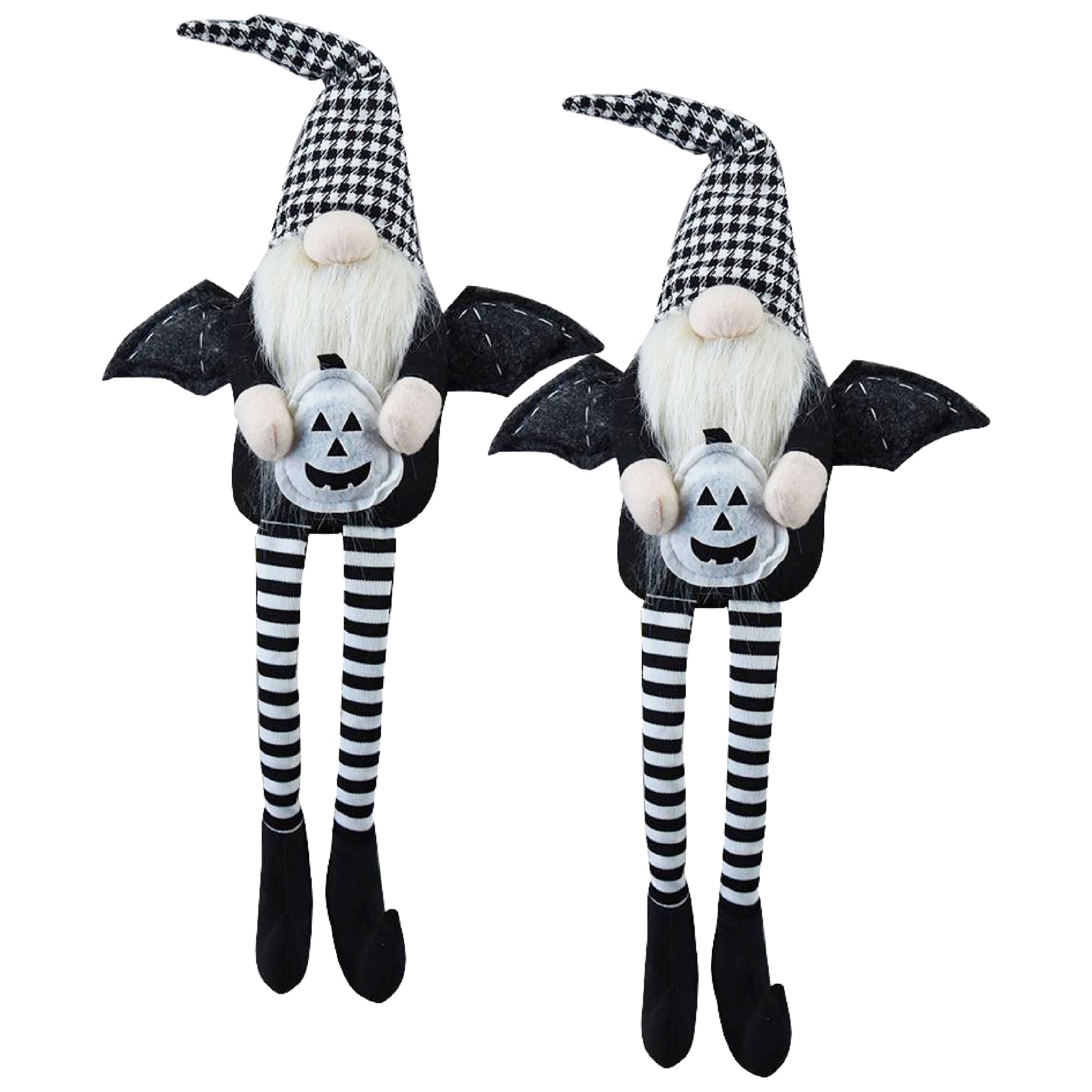 Two Halloween gnomes with bat wings and pumpkin decorations ideal for holiday decor