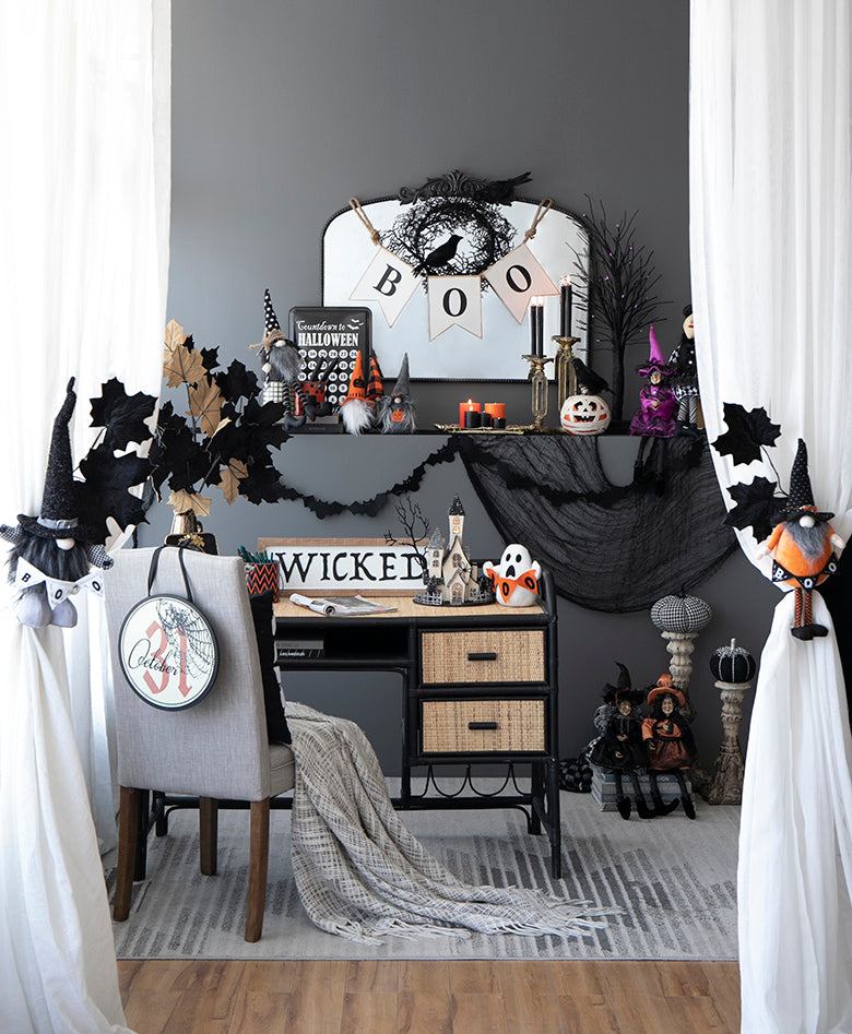 Halloween gnome with black witch hat and orange polka dots