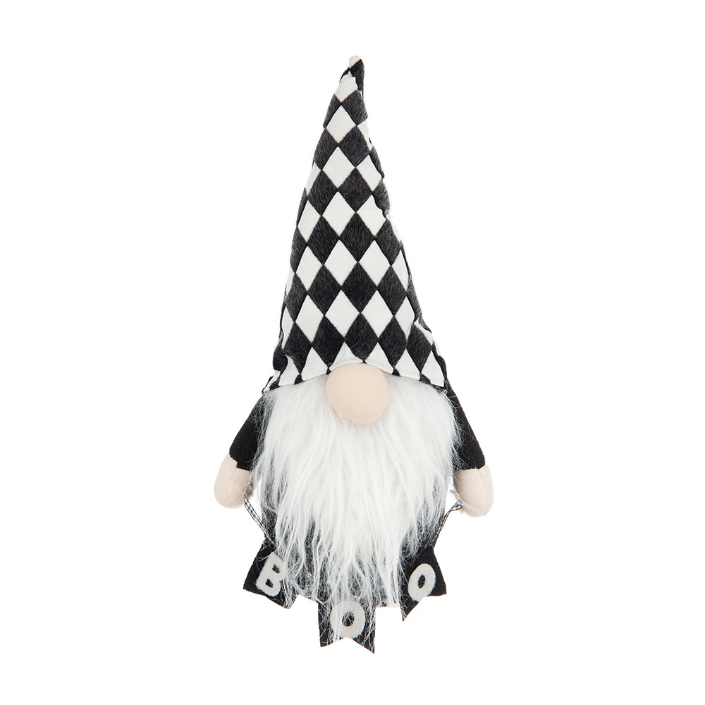 Halloween gnome with black and white checkered hat and long white beard