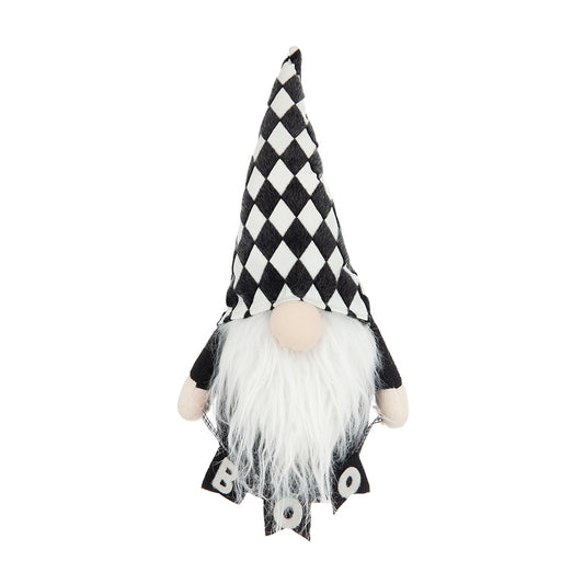 Halloween gnome with black and white checkered hat and long white beard