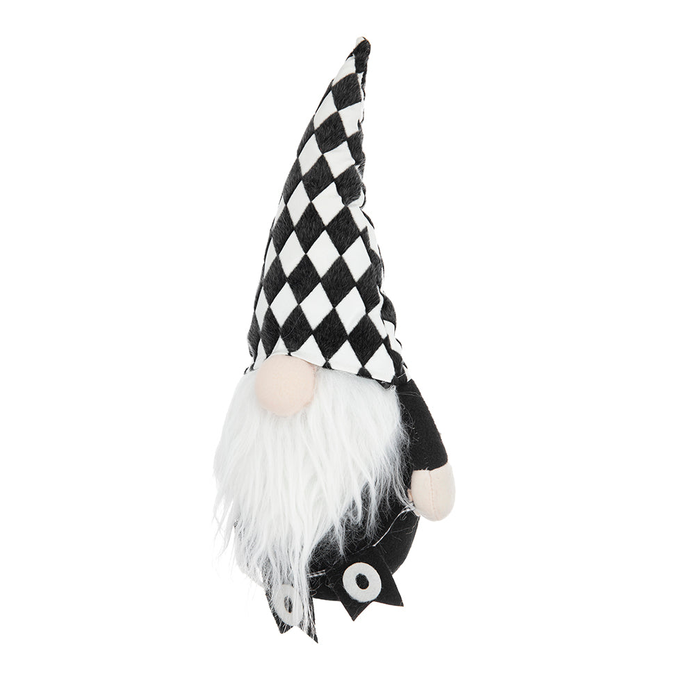 Gnome with black and white checkered hat long white beard and plush body for seasonal decor
