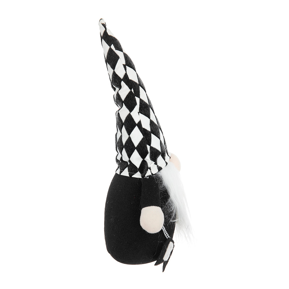 Black and white checkered gnome with long pointy hat and fluffy white beard