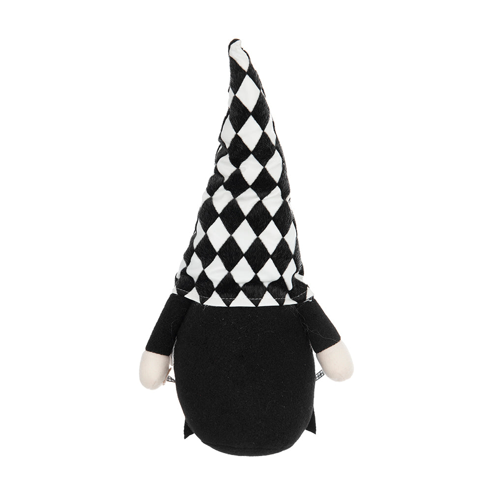 Black and white diamond pattern gnome plush toy with fabric construction ideal for home decor