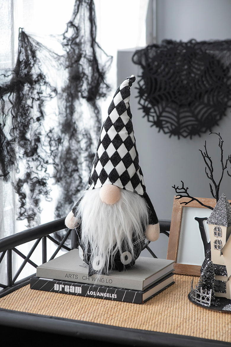 Black and white checkered hat gnome with long white beard Halloween decor