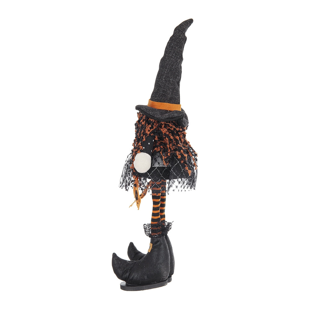 Textured black witch hat adorns a Halloween gnome with orange curly hair and striped legs