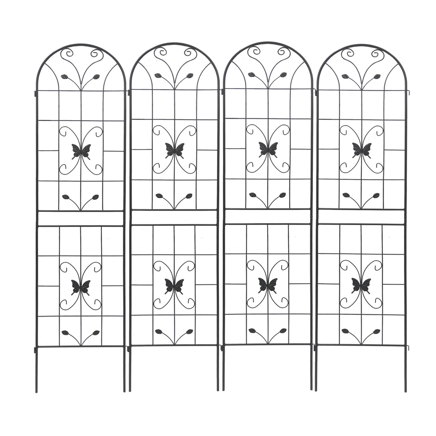 Black metal garden trellis with butterfly and scrollwork arched top panels