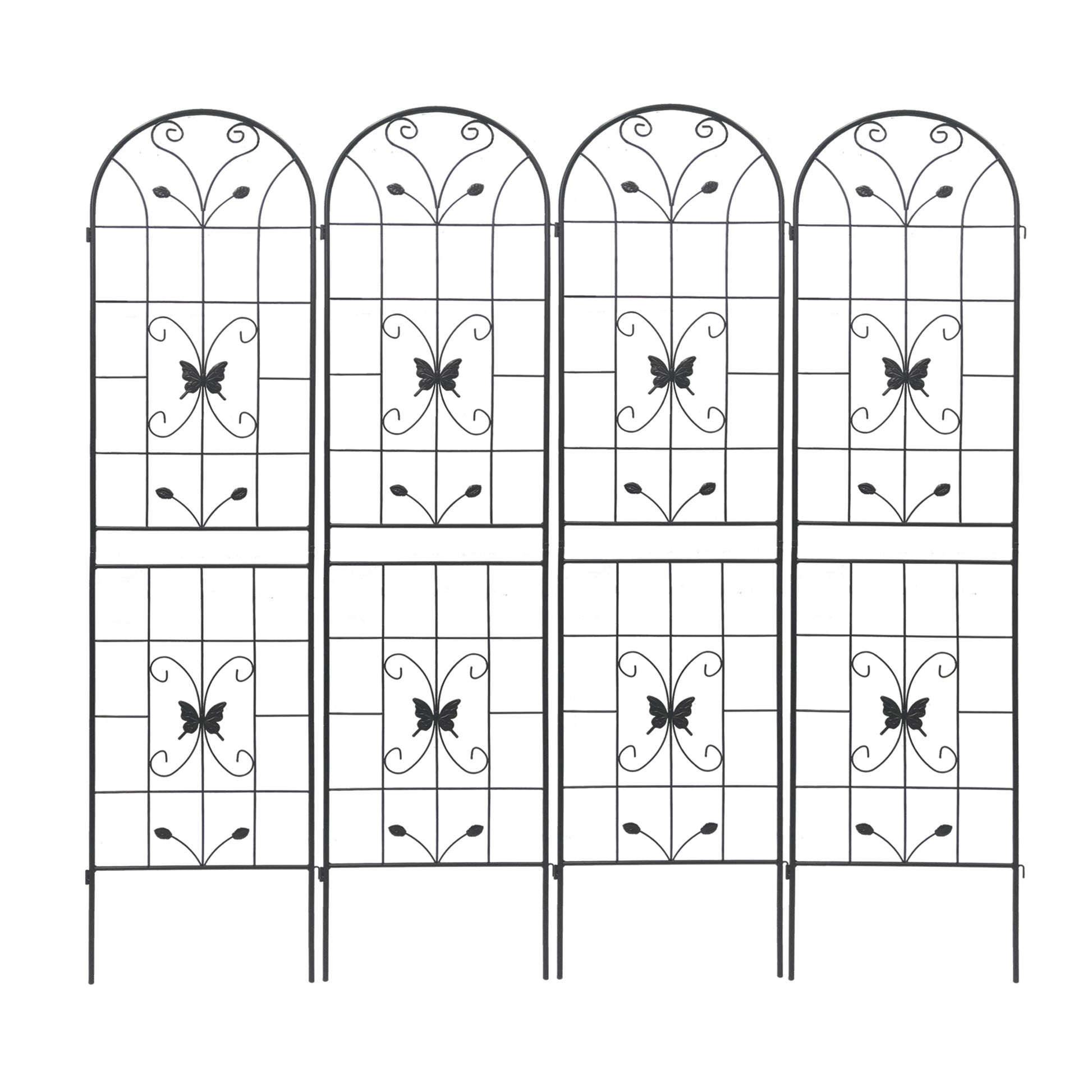 Black metal garden trellis with butterfly and scrollwork arched top panels