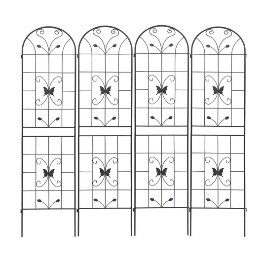 Black metal garden trellis with butterfly and scrollwork arched top panels