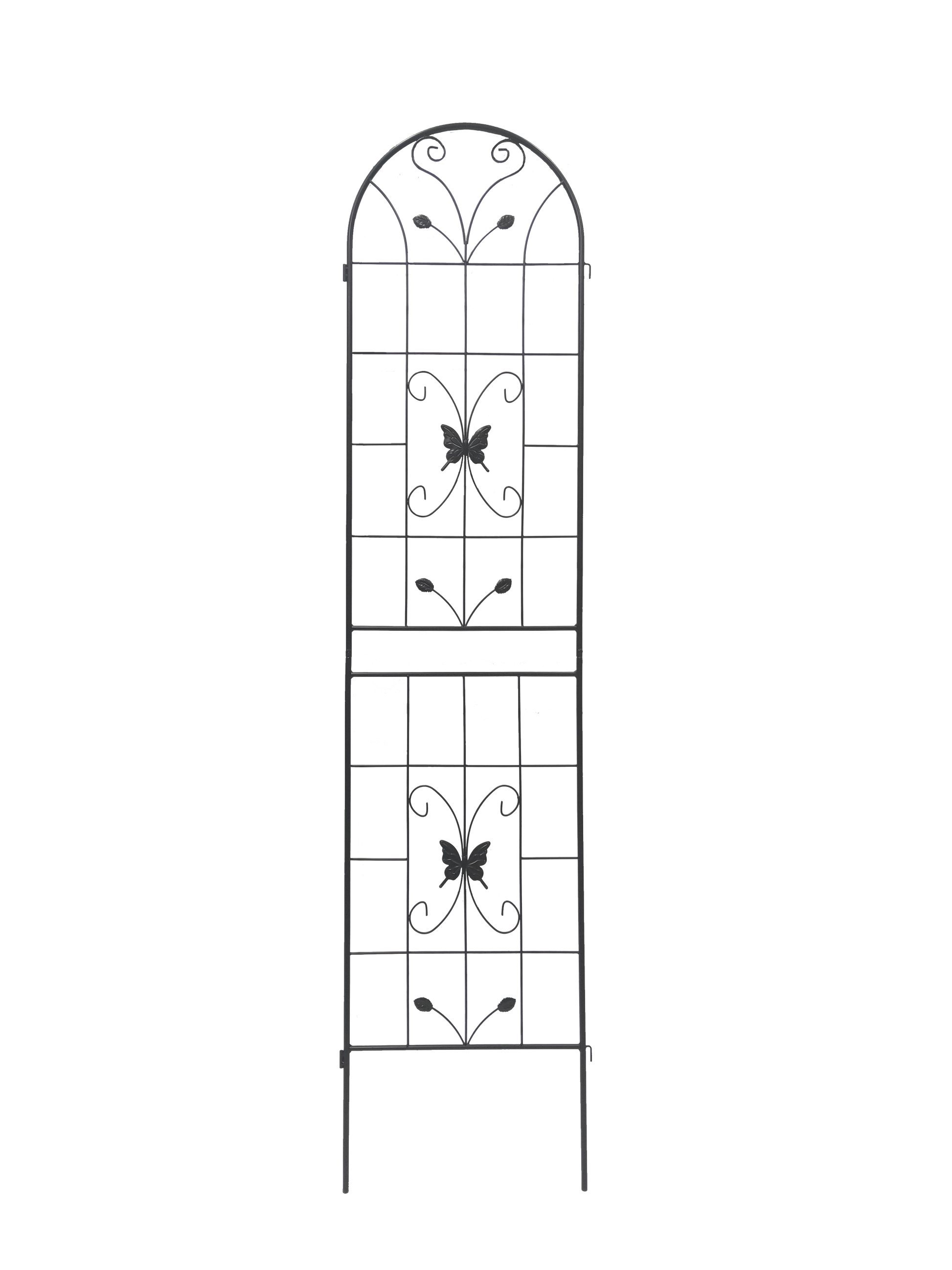 Black metal garden trellis with arched top and butterfly design