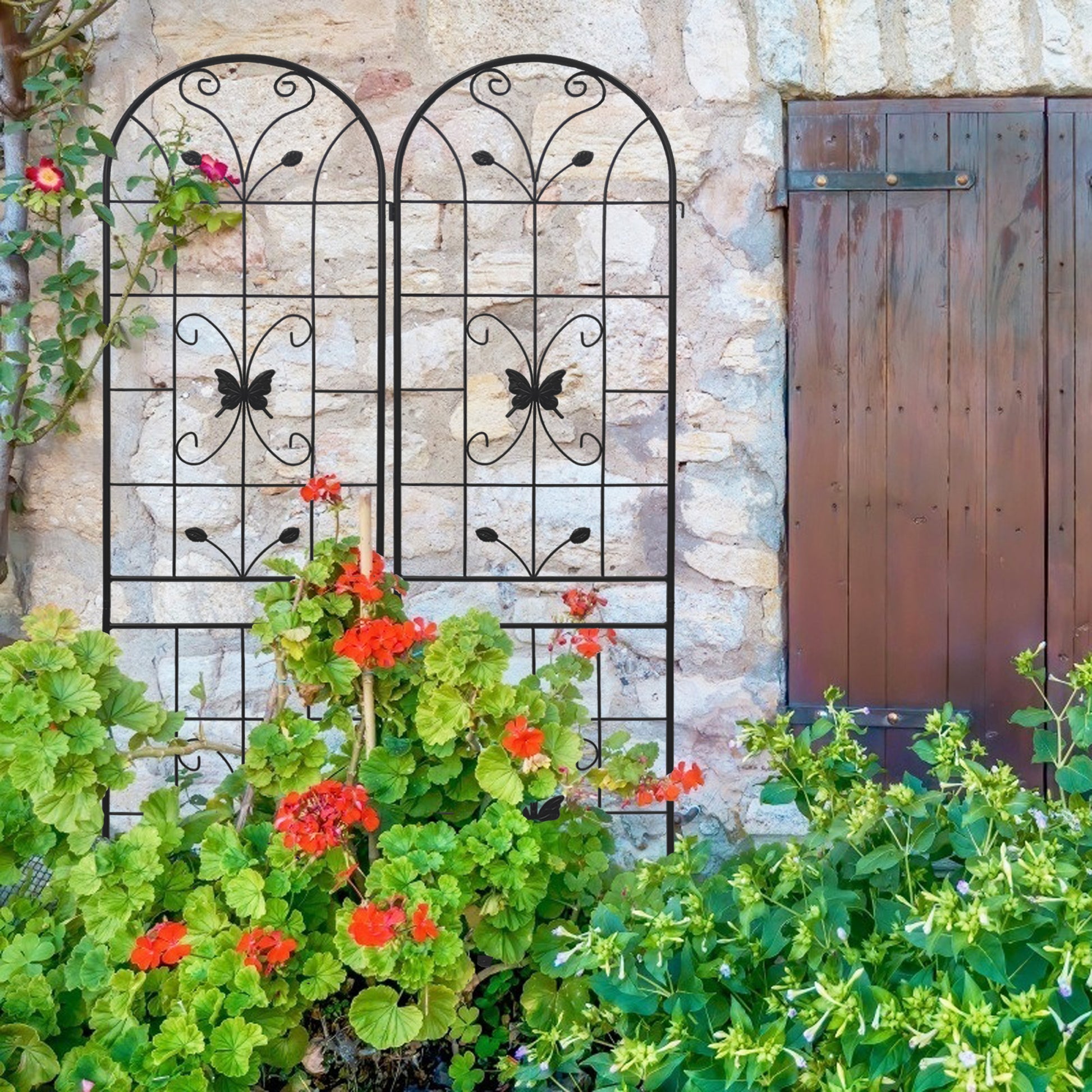 Black metal garden trellis with butterfly design