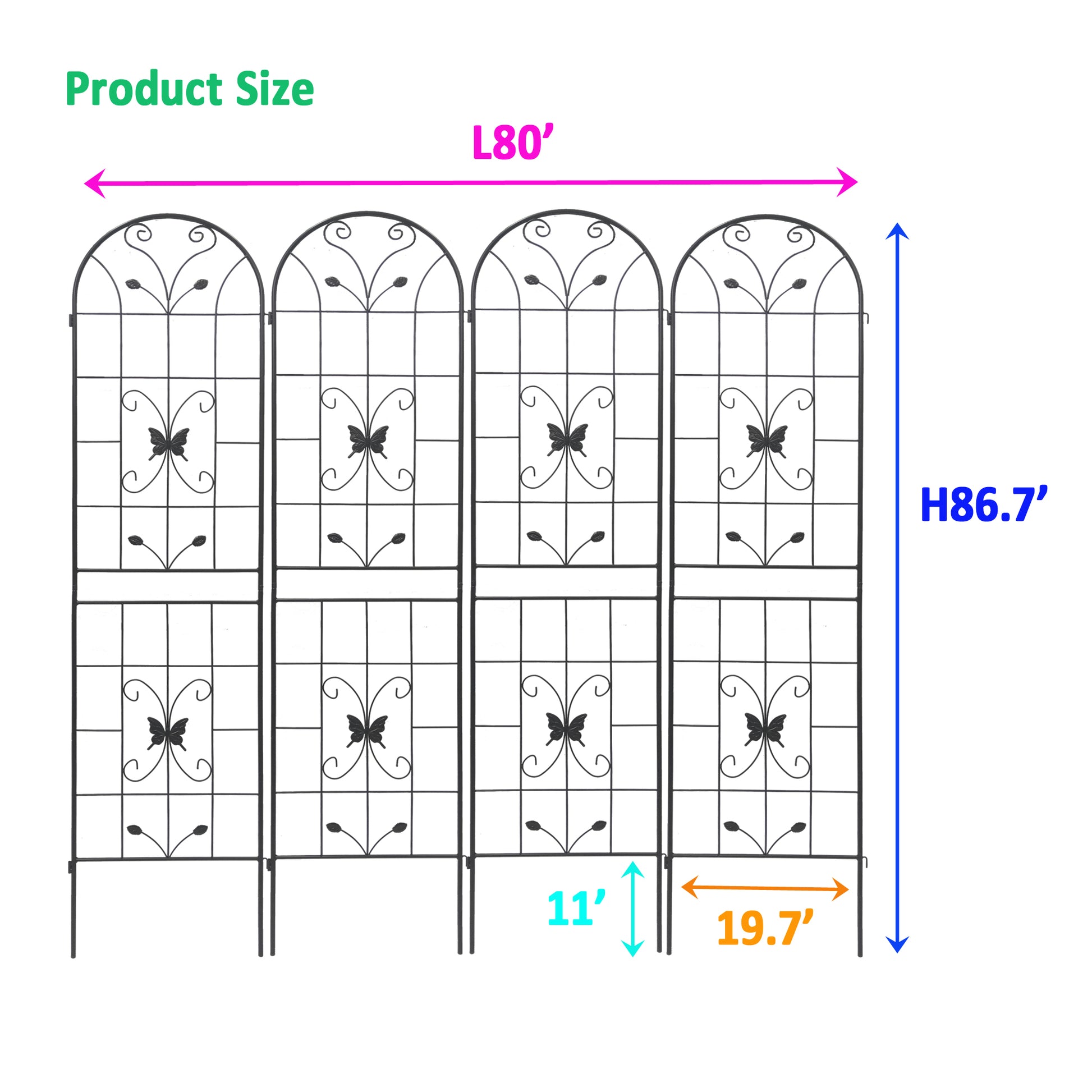 Black metal garden trellis with butterfly and leaf design H L
