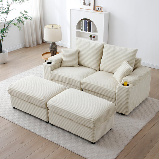 Cream corduroy sectional sofa with two ottomans and builtin cup holders