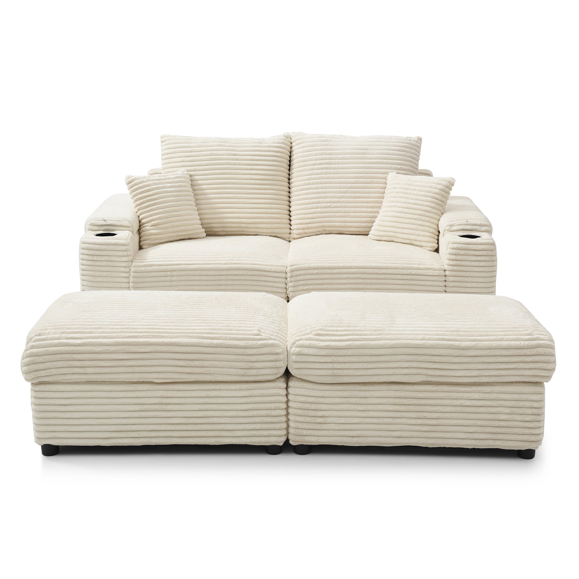 Cream corduroy sofa with modular design and builtin cup holders