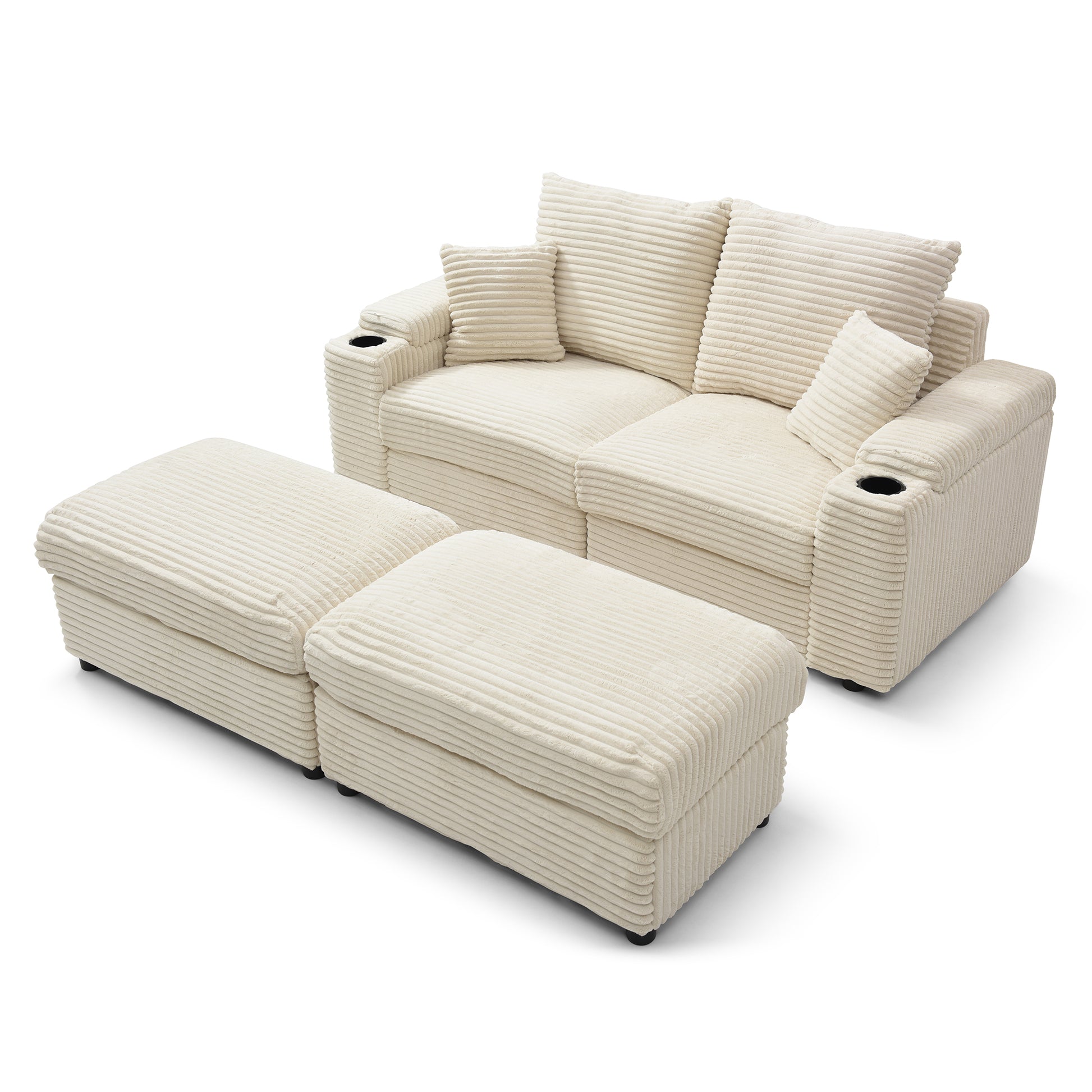 Cream corduroy sofa with modular ottomans and builtin cup holders for comfortable seating