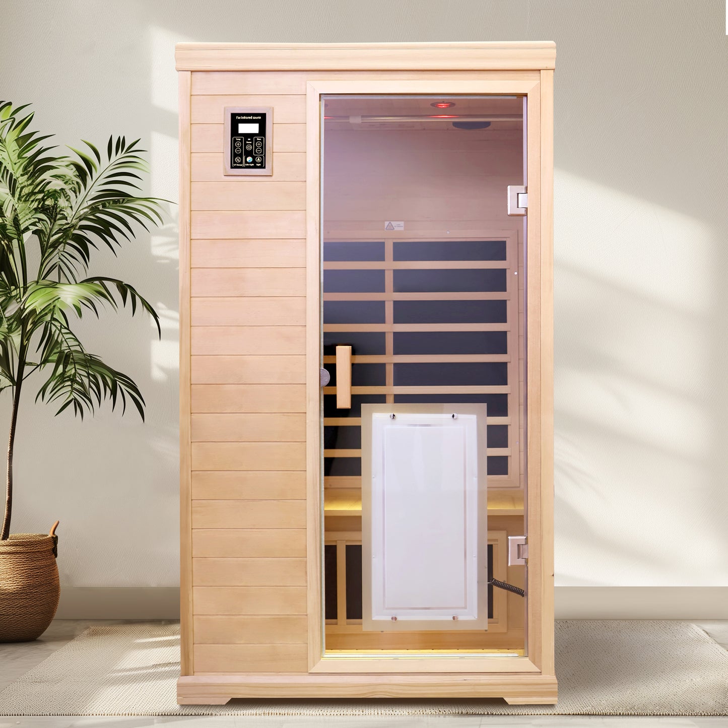Natural wood oneperson infrared sauna with digital controls and glass door
