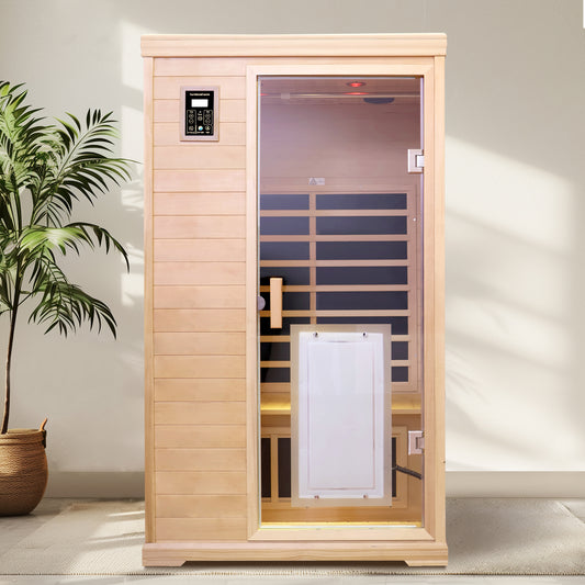 Natural wood oneperson infrared sauna with digital controls and glass door