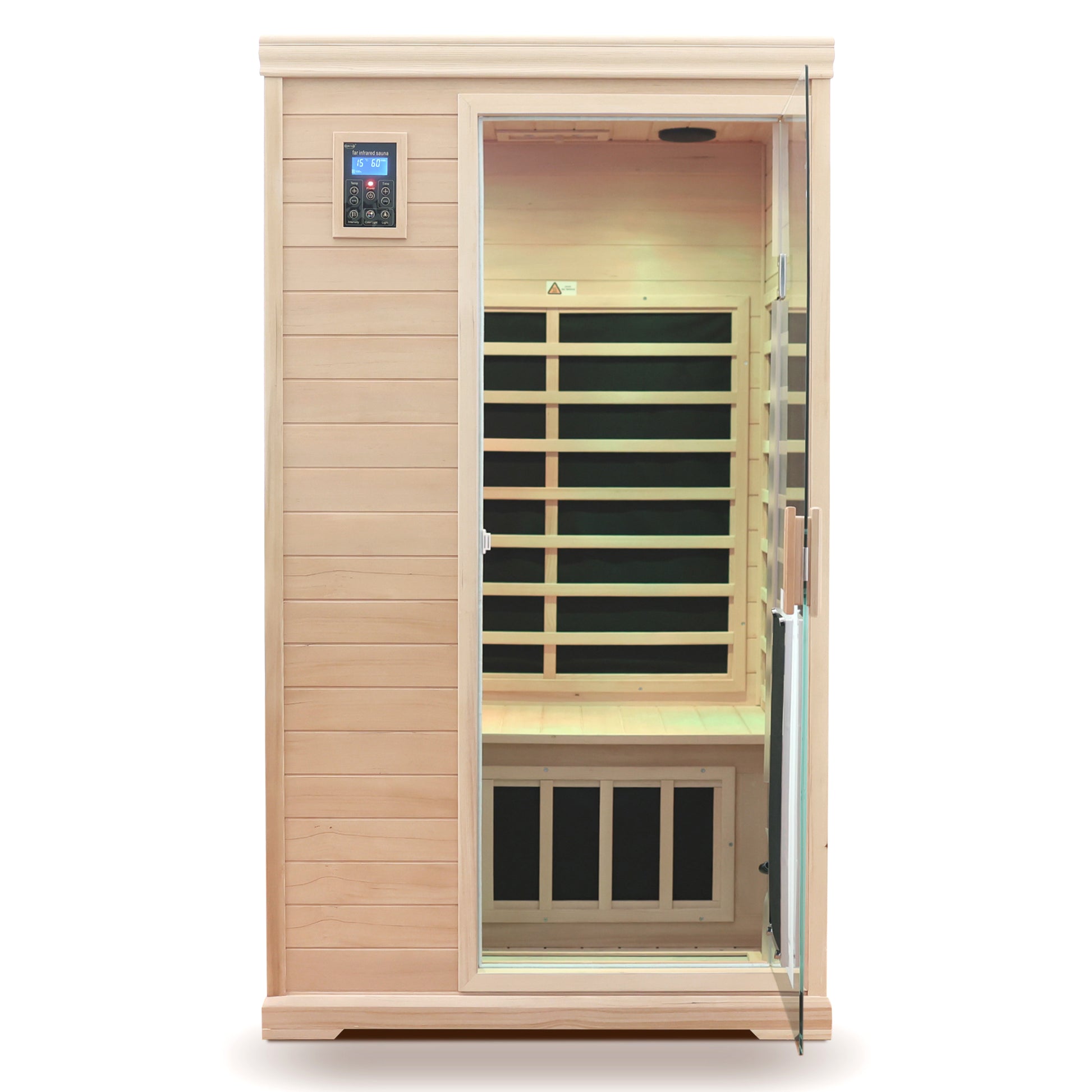 Light wood person infrared sauna with glass door and digital control panel