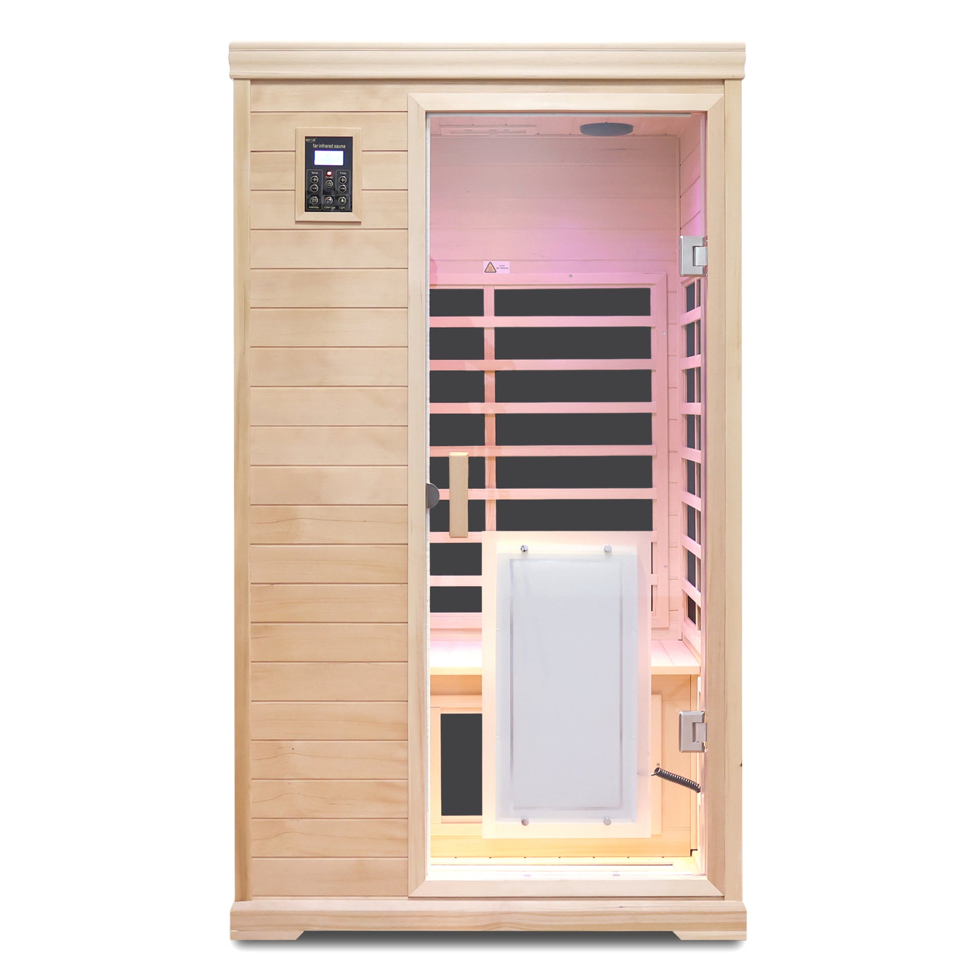 Modern person far infrared sauna cabin with wood exterior and glass door