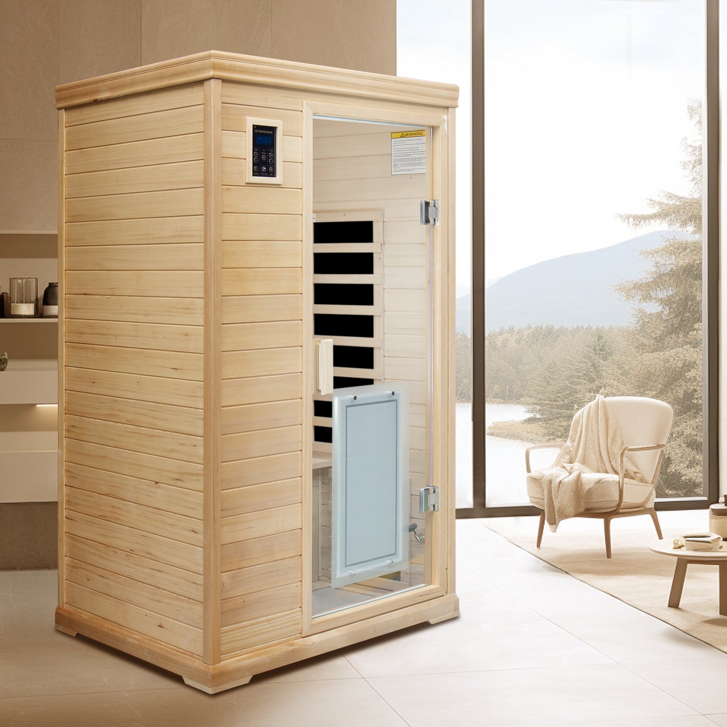 Wooden infrared sauna with glass door and digital controls perfect for home spa use