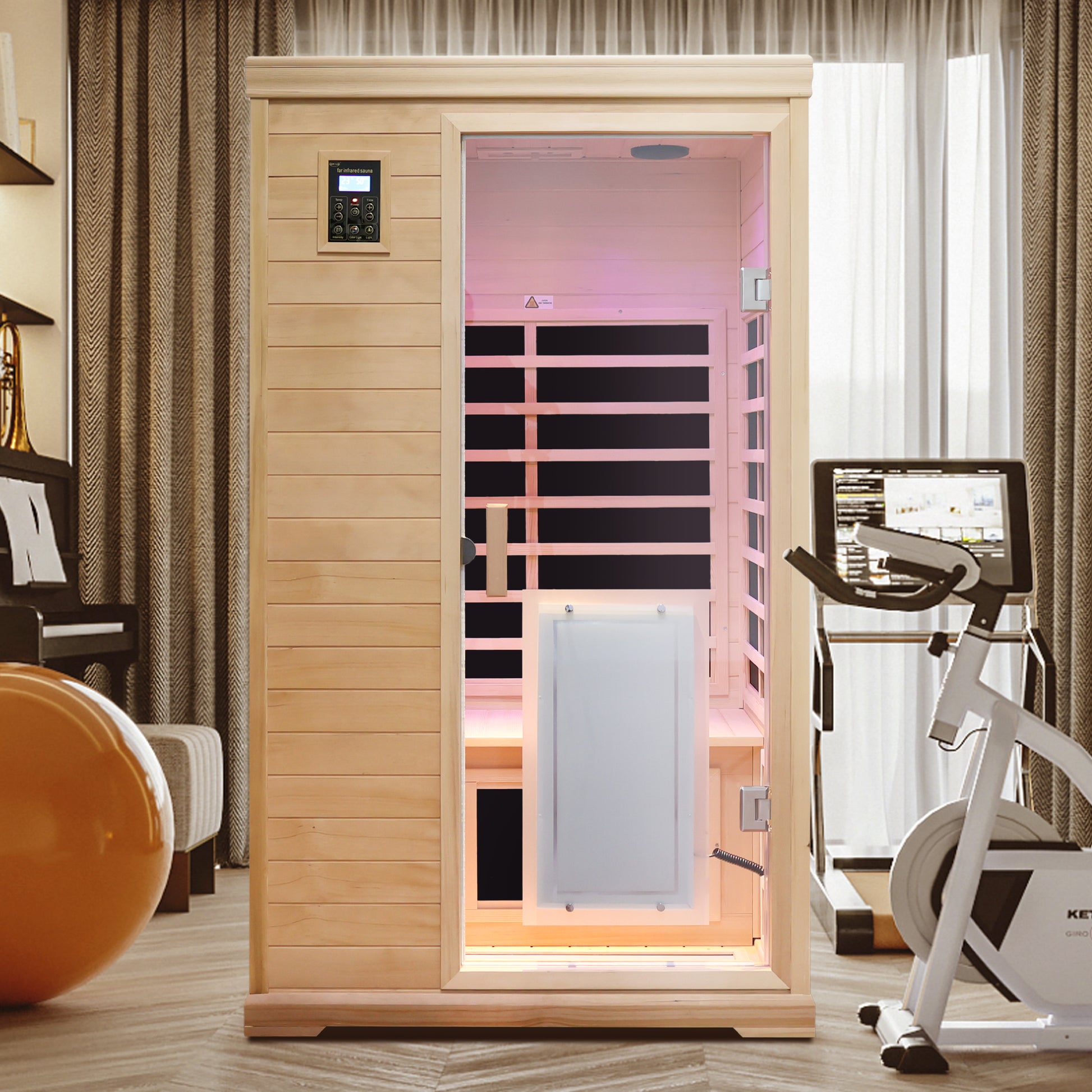 Luxurious wooden person infrared sauna with digital control panel and chromotherapy lighting