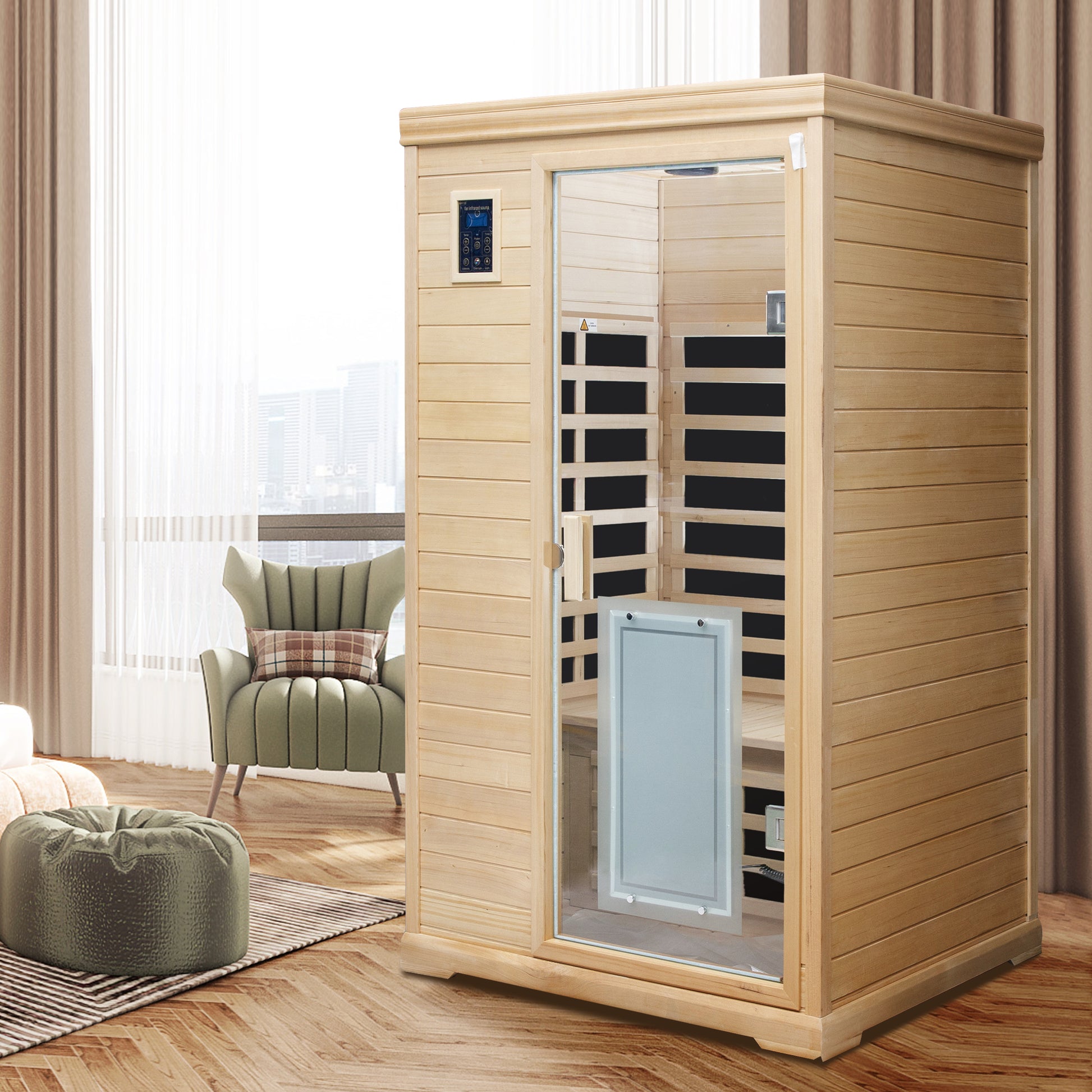 Light wood infrared sauna with glass door and digital controls for home use