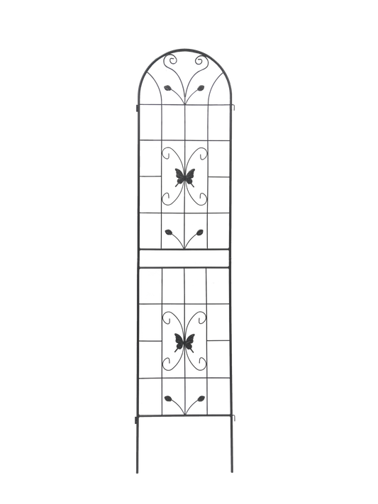 Tall black metal garden trellis with butterfly and leaf design for climbing plants