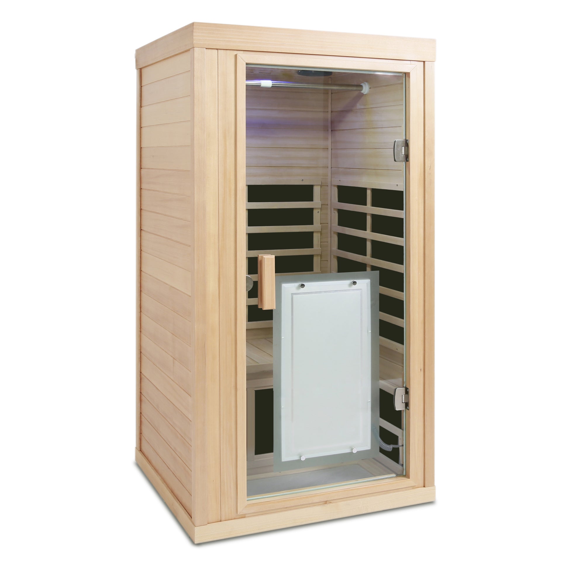 Natural wood singleperson infrared sauna with glass door and interior bench for home spa use