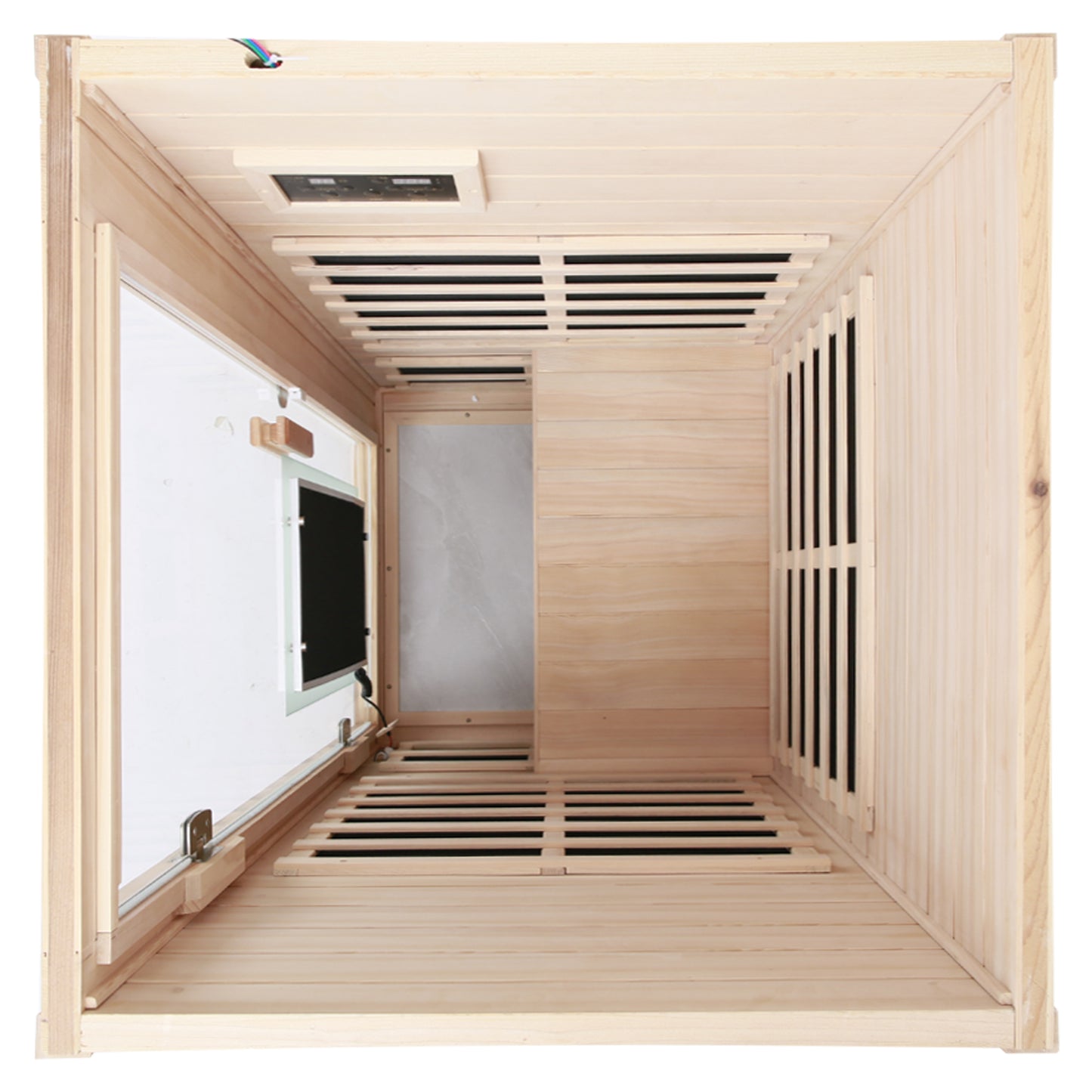 Interior view of a modern wooden infrared sauna cabin with slatted floor