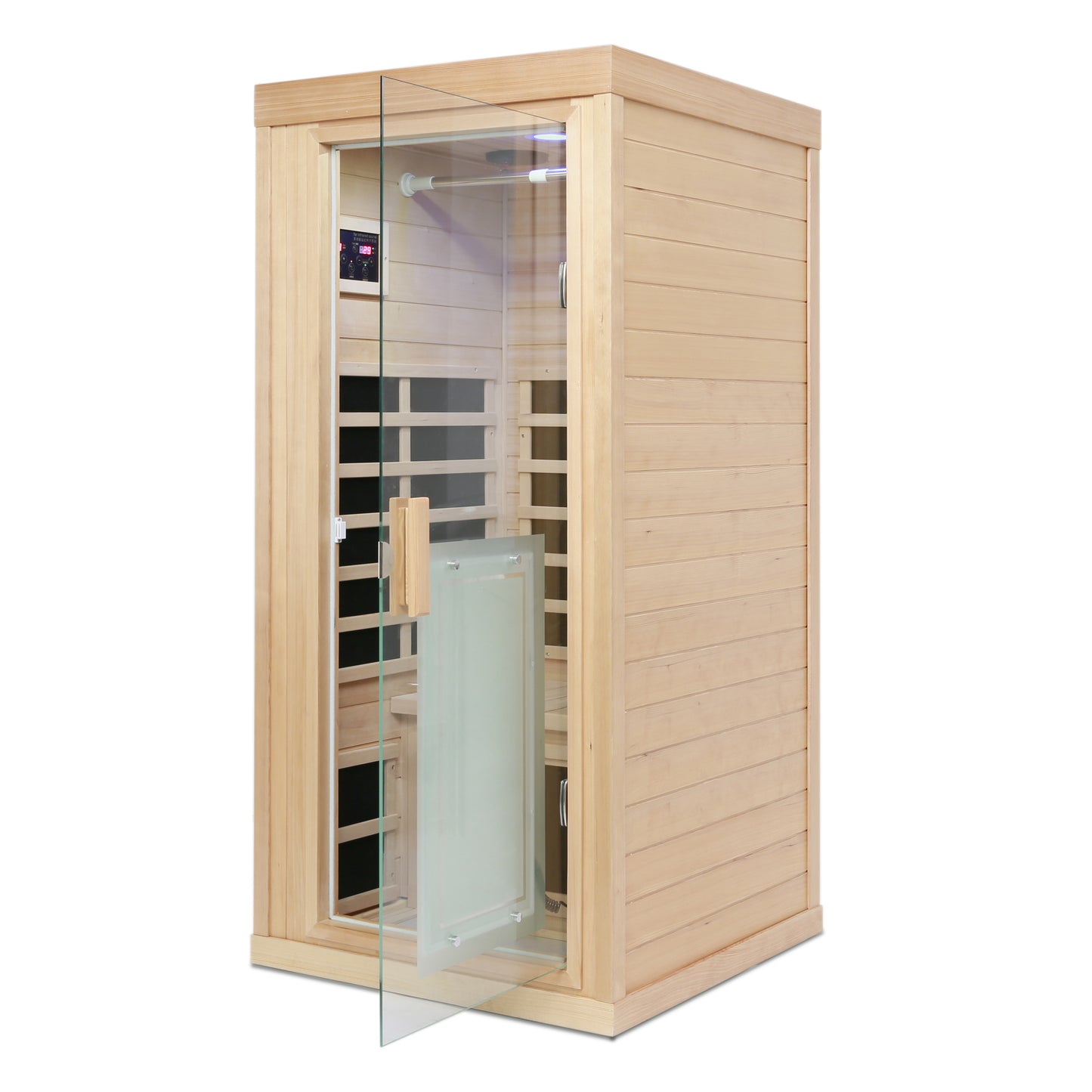 Light wood  person infrared sauna with glass door and digital controls for home spa use