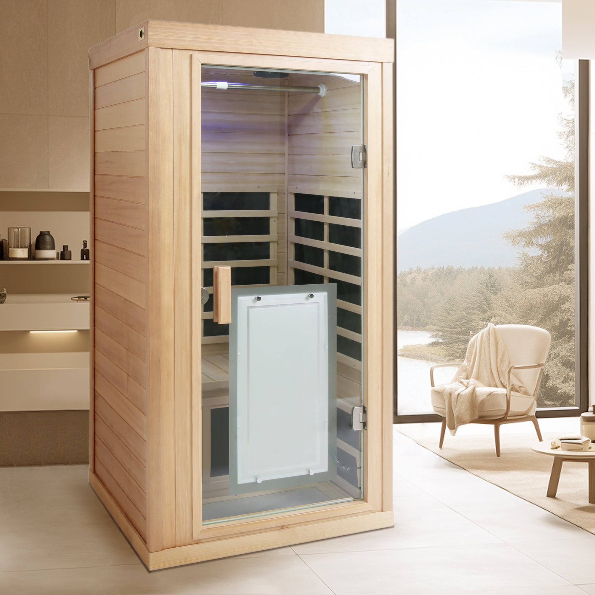 Light wood infrared sauna cabinet with glass door and interior seating