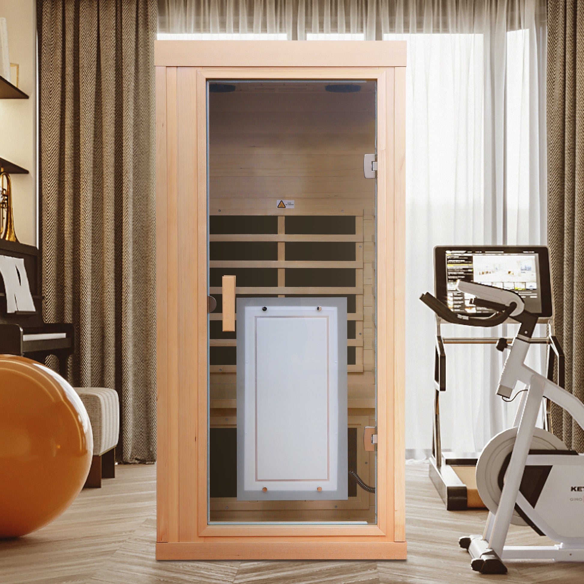 Wooden infrared sauna cabin with glass door ideal for home relaxation