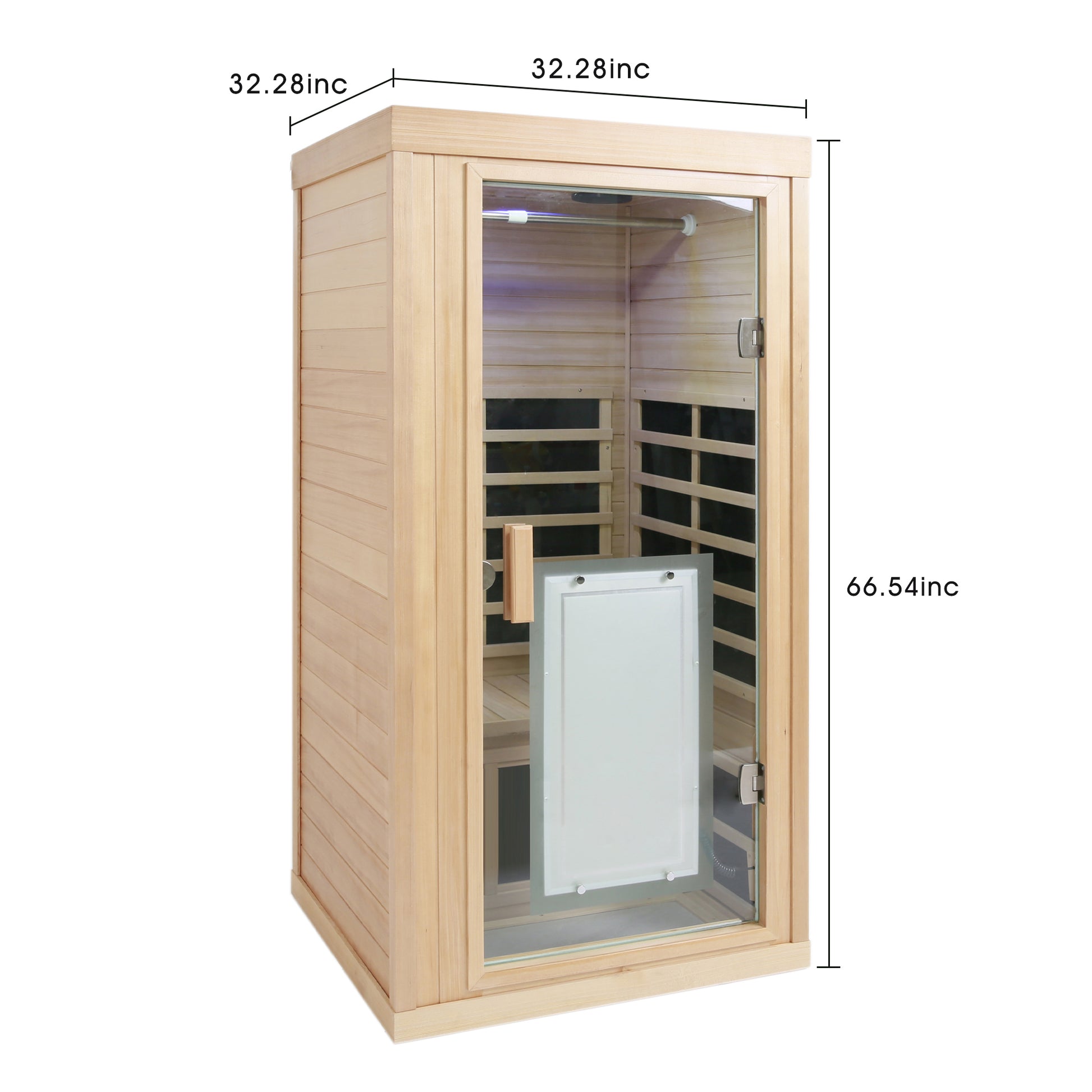 Compact wooden infrared sauna with glass door and interior seating perfect for home use