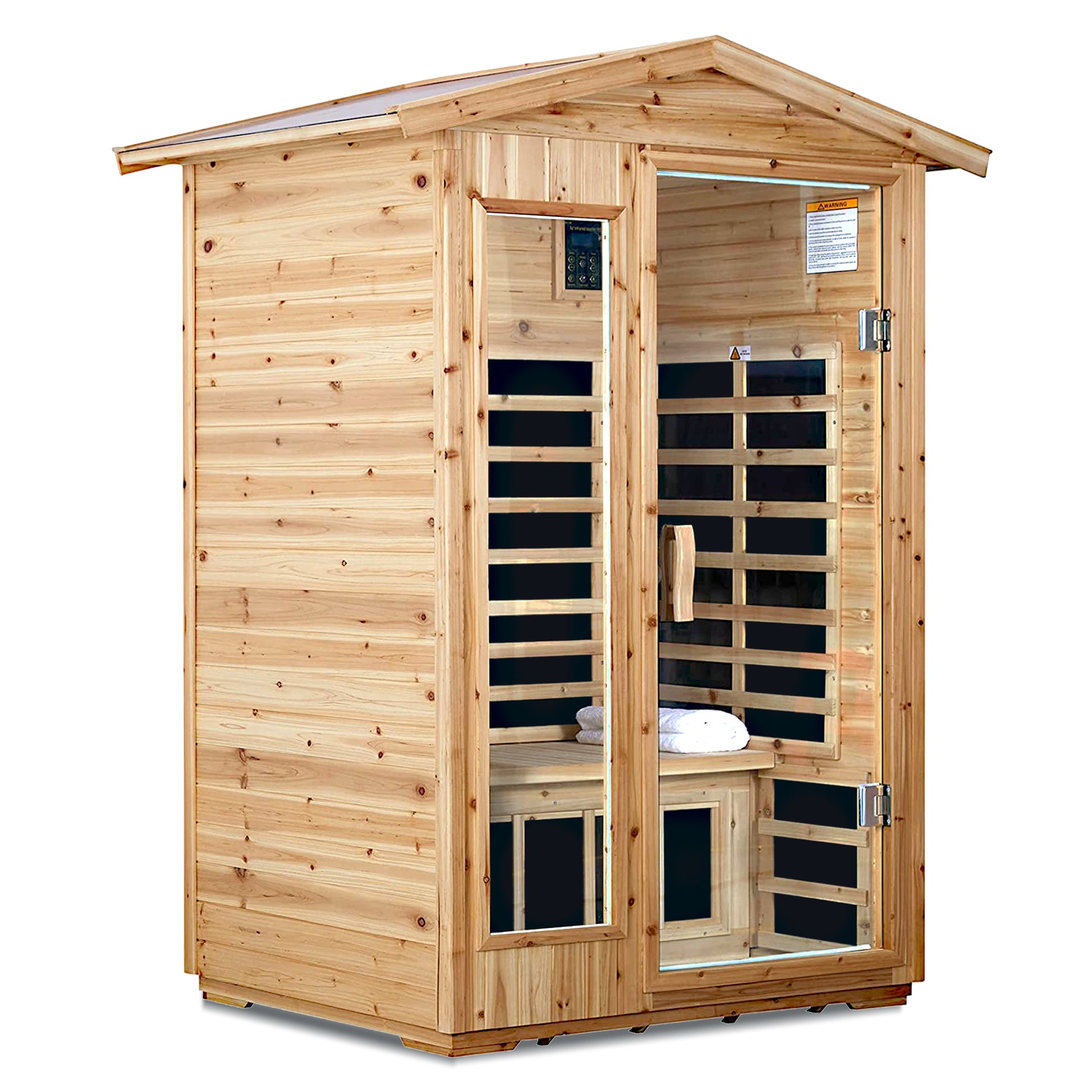 Wooden infrared sauna cabin with glass doors and interior lighting offering a spa experience