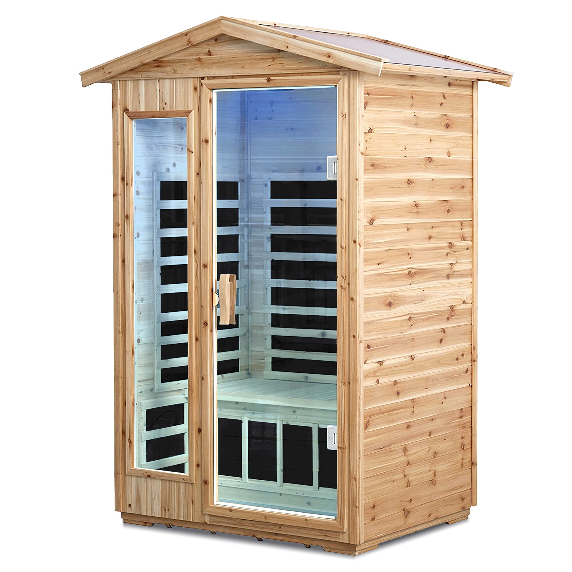 Twoperson infrared sauna cabin with glass door and wooden exterior
