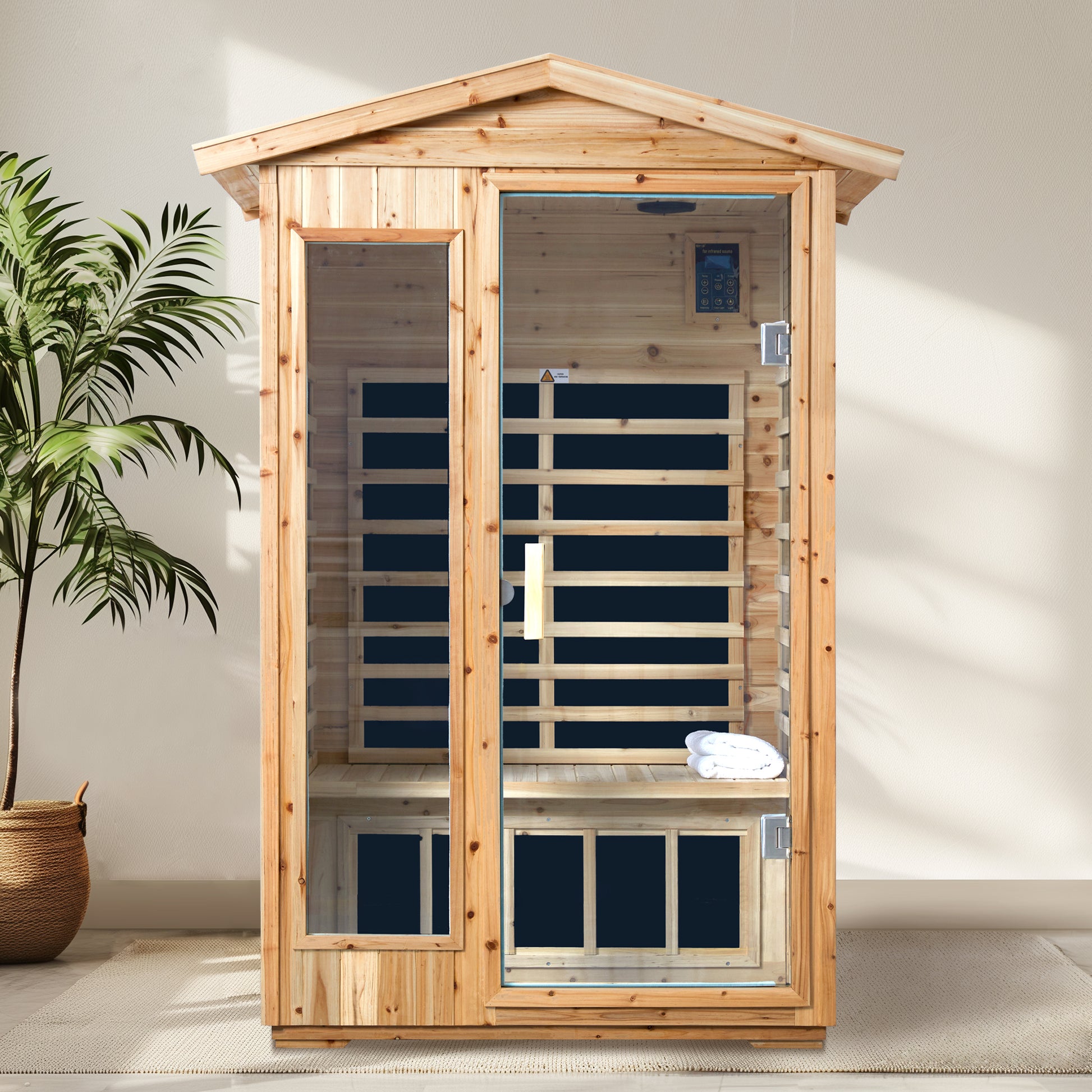 Wooden person infrared sauna with glass door and digital controls