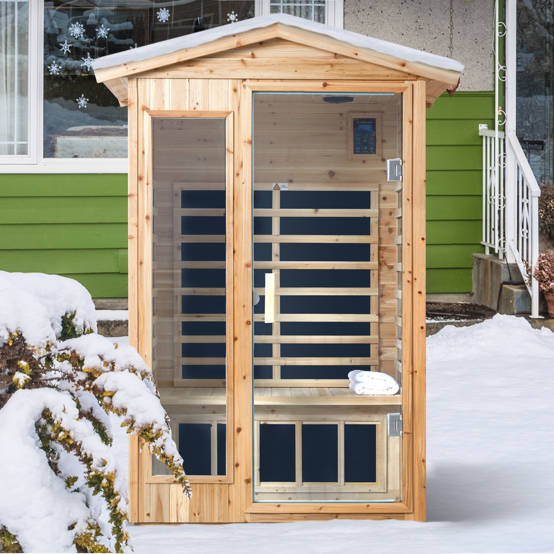 Wooden infrared sauna cabin with glass door and digital control panel for home use