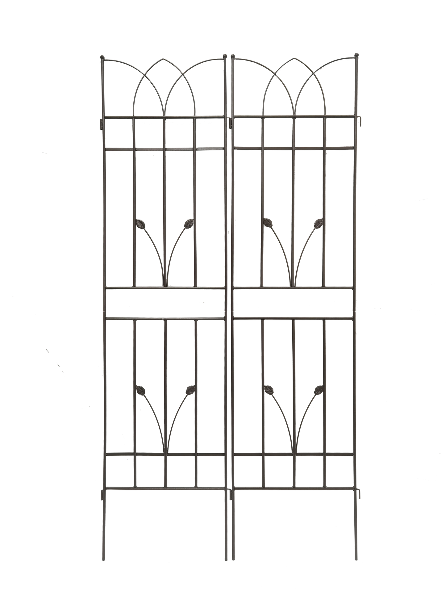 Ornate wrought iron garden trellis with decorative scrollwork and leaf accents