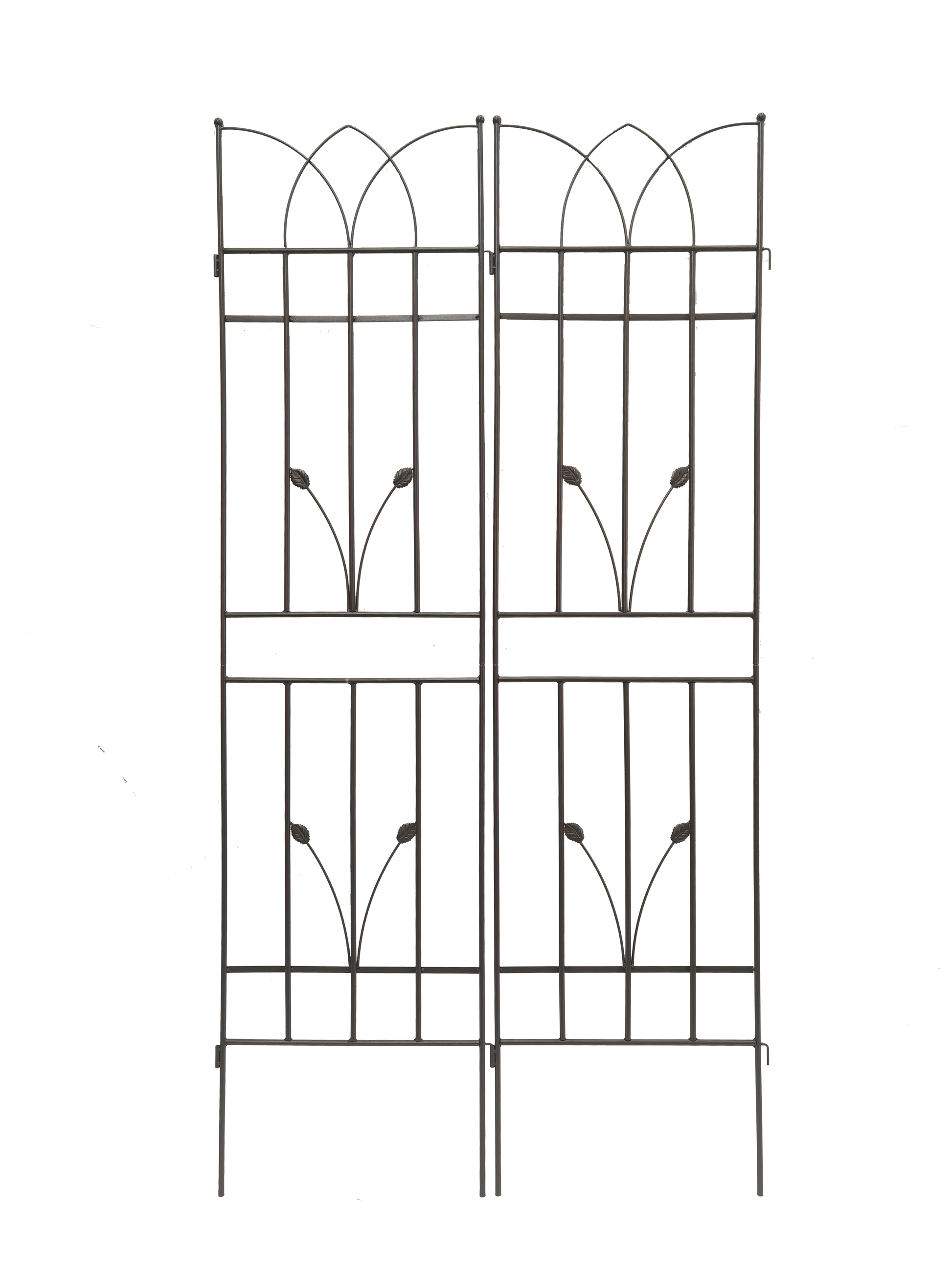 Ornate wrought iron garden trellis with decorative scrollwork and leaf accents